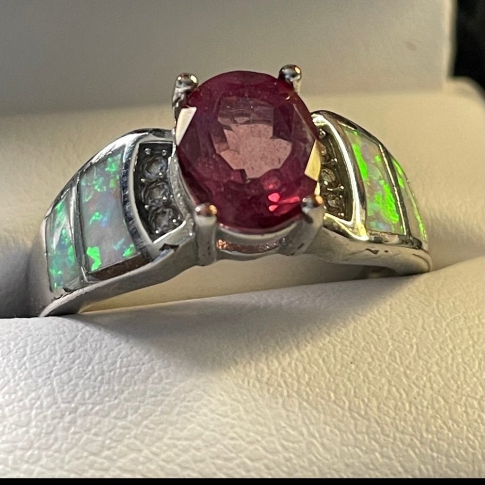 925 Pink tourmaline and opal ring